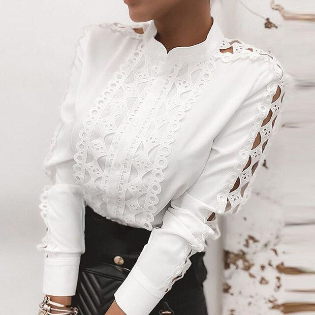 Pbong Women Elegant Lace Contrast Long Sleeve Blouse Shirts Ladies New Casual O-Neck Pullovers Tops  Autumn Fashion Loose Blusa