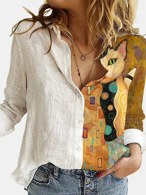 Lovely Cat Printed Polyester White Shirt Women Autumn Lapel Long Sleeves Single Breasted Blouses Female Streetwear Plus Size