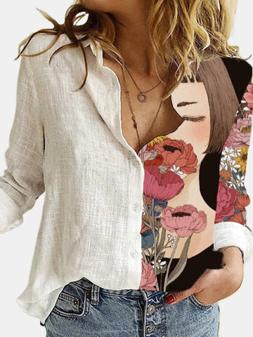 Lovely Cat Printed Polyester White Shirt Women Autumn Lapel Long Sleeves Single Breasted Blouses Female Streetwear Plus Size