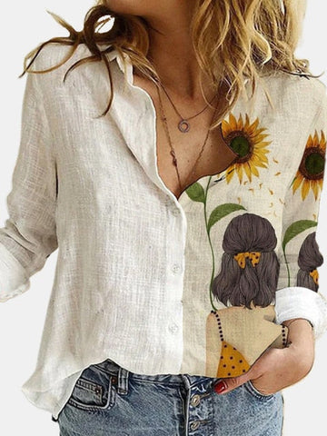 Lovely Cat Printed Polyester White Shirt Women Autumn Lapel Long Sleeves Single Breasted Blouses Female Streetwear Plus Size