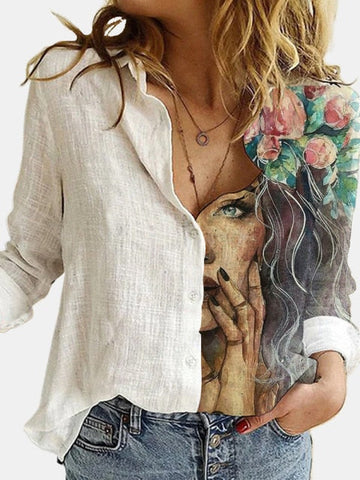 Lovely Cat Printed Polyester White Shirt Women Autumn Lapel Long Sleeves Single Breasted Blouses Female Streetwear Plus Size