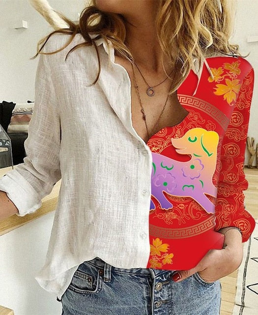 Lovely Cat Printed Polyester White Shirt Women Autumn Lapel Long Sleeves Single Breasted Blouses Female Streetwear Plus Size