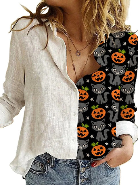 Lovely Cat Printed Polyester White Shirt Women Autumn Lapel Long Sleeves Single Breasted Blouses Female Streetwear Plus Size