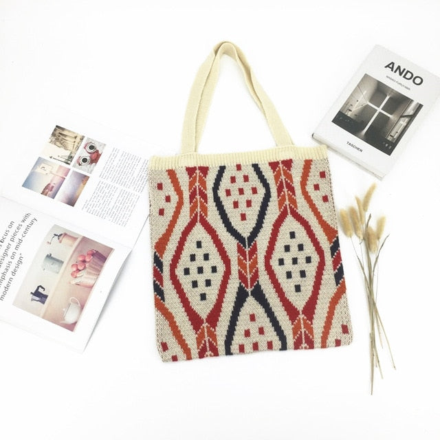 Lady Knitting Gypsy Bohemian Boho Chic Aztec Tote Bag Women Crochet Woolen Open Shopper Top-handle Bag Female Daily Handbag