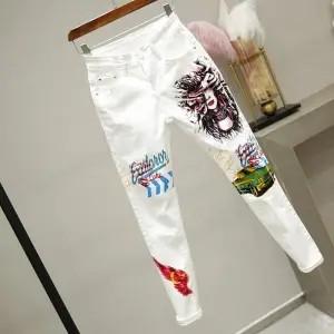 plus Size Women White Denim Jeans Cartoon Graffiti Flowers Print Stretched Hallen Jeans Pencil Pants Autumn Skinny Jeans LU1271