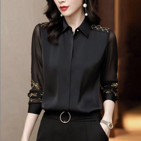 Women Spring Autumn Style Chiffon Blouses Shirts Lady Embroidery Long Sleeve Turn-down Collar Lace Decor Blusas Tops DF0004