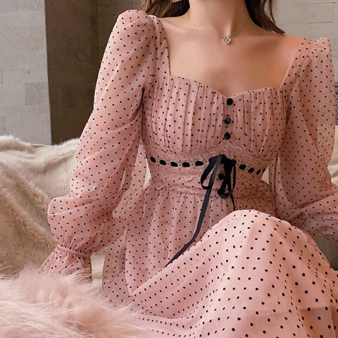 French Vintage Midi Dress Women Puffer Sleeve Square Collor Office Elegant Dress Female  Spring Dot One Piece Dress Korean