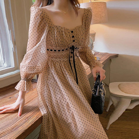 French Vintage Midi Dress Women Puffer Sleeve Square Collor Office Elegant Dress Female  Spring Dot One Piece Dress Korean