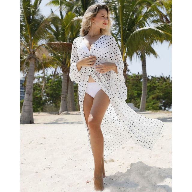 Beach Dress Bikini Cover Up Print Bathing Suit Women Kimono Plus Size Tunic Sexy Long Sleeve Swimwear Cover-Ups