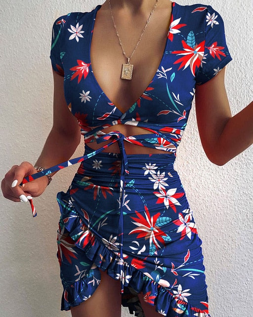 Cryptographic Floral Print Fashion Tie Up Wrap Mini Dress Summer Holiday Ruffles Sundress Ruched Women&#39;s Dress Short Sleeve