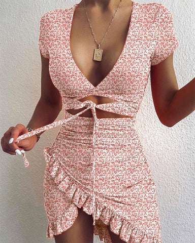 Cryptographic Floral Print Fashion Tie Up Wrap Mini Dress Summer Holiday Ruffles Sundress Ruched Women&#39;s Dress Short Sleeve