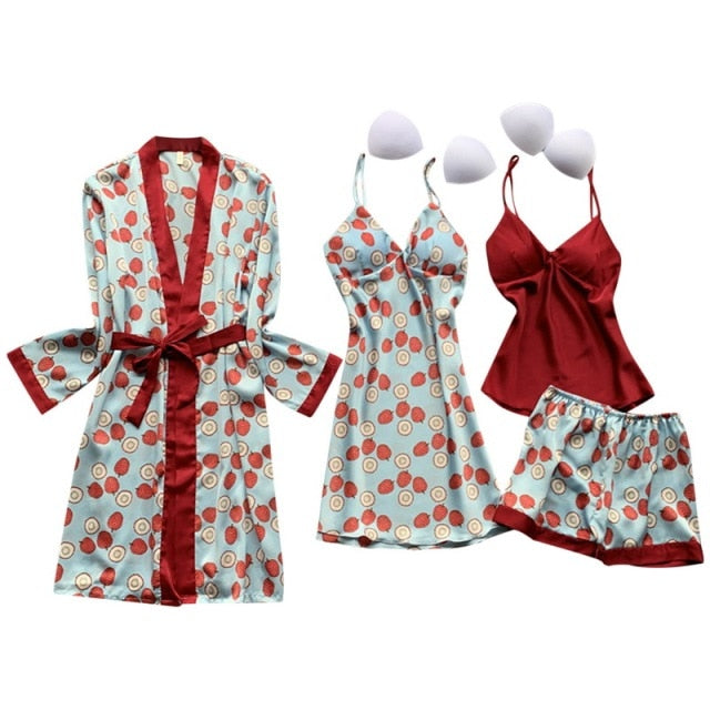 Pajamas for Women Pijama Mujer 4 Piece Set Sexy Ladies Pyjama Sleepwear Women Pajama Sets Sleep Lounge with Chest Pads Home Wear