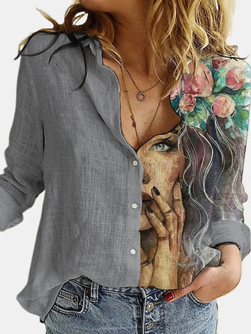 Fashion Retro Portrait Floral Print Women Shirt  Autumn Stitching Button Long Sleeve Cotton Linen Blouses Casual Street Lady Top