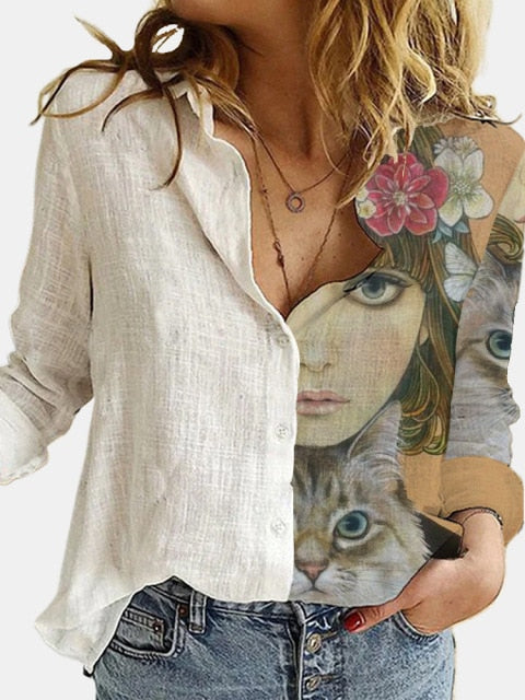 Fashion Retro Portrait Floral Print Women Shirt  Autumn Stitching Button Long Sleeve Cotton Linen Blouses Casual Street Lady Top