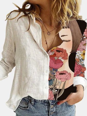 Fashion Retro Portrait Floral Print Women Shirt  Autumn Stitching Button Long Sleeve Cotton Linen Blouses Casual Street Lady Top