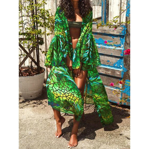 Beach Dress Bikini Cover Up Print Bathing Suit Women Kimono Plus Size Tunic Sexy Long Sleeve Swimwear Cover-Ups