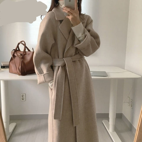 Women Elegant Long Wool Coat With Belt Solid Color Long Sleeve Chic Outerwear Ladies Overcoat Autumn Winter