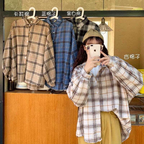 Women Blouses Turn-down Collar Spring Shirts Plaid All-match BF Batwing-sleeve Loose Outwear Harajuku Female 4 Colors Chic New