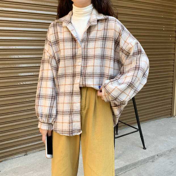 Women Blouses Turn-down Collar Spring Shirts Plaid All-match BF Batwing-sleeve Loose Outwear Harajuku Female 4 Colors Chic New