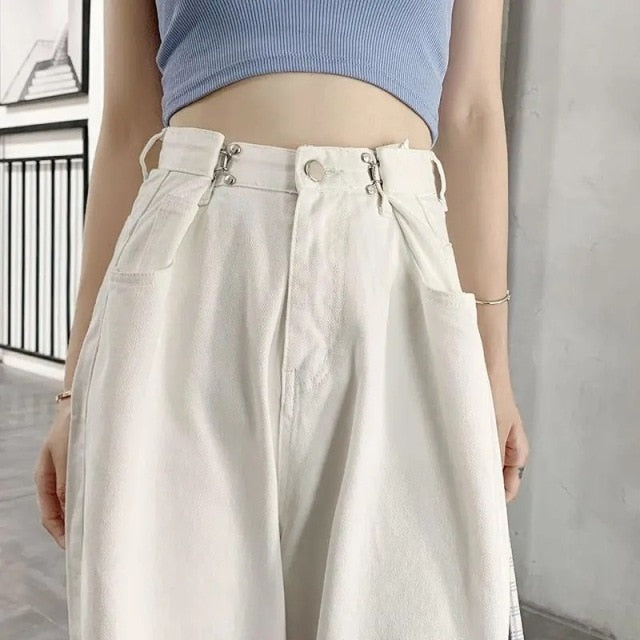 Spring White Plus Size High Waist Jeans Streetwear Wide Leg Pants Women's Fashion Trousers Full Length Loose Denim Pants