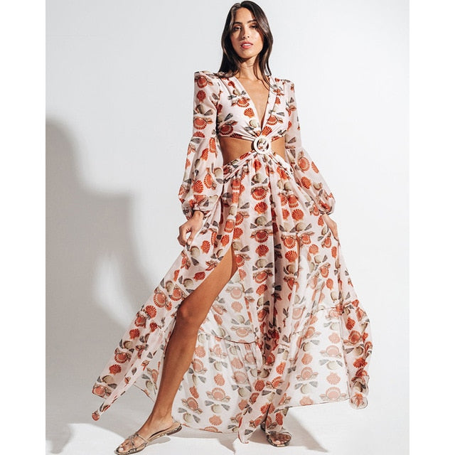 Beach Dress Bikini Cover Up Print Bathing Suit Women Kimono Plus Size Tunic Sexy Long Sleeve Swimwear Cover-Ups