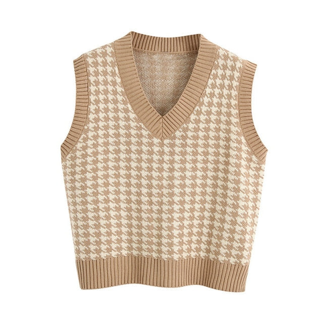 Fashion Women Knitted Vest Pullovers V Neck Sleeveless Houndstooth Knitted Jumper Pullovers Korean Loose Plaid Sweater Vest