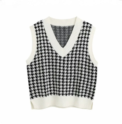 Fashion Women Knitted Vest Pullovers V Neck Sleeveless Houndstooth Knitted Jumper Pullovers Korean Loose Plaid Sweater Vest