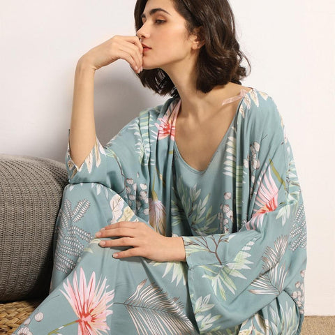 July's Song 3 Pcs Women Pajamas Set Viscose Floral Printed Female Pyjama Loose Sleepwear Nightwear Spring Summer Lounge Wear