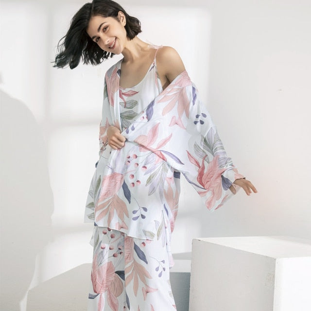 July's Song 3 Pcs Women Pajamas Set Viscose Floral Printed Female Pyjama Loose Sleepwear Nightwear Spring Summer Lounge Wear