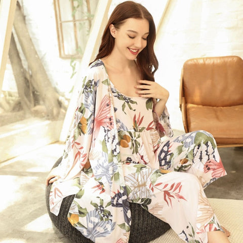 July's Song 3 Pcs Women Pajamas Set Viscose Floral Printed Female Pyjama Loose Sleepwear Nightwear Spring Summer Lounge Wear