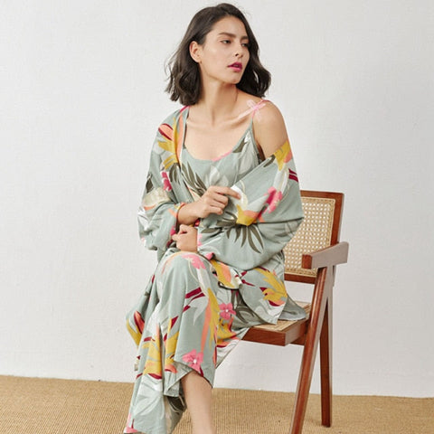 July's Song 3 Pcs Women Pajamas Set Viscose Floral Printed Female Pyjama Loose Sleepwear Nightwear Spring Summer Lounge Wear