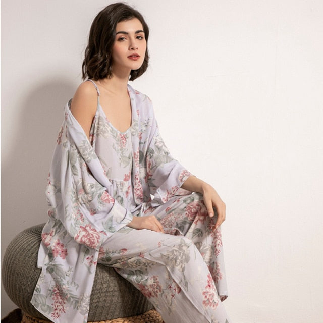 July's Song 3 Pcs Women Pajamas Set Viscose Floral Printed Female Pyjama Loose Sleepwear Nightwear Spring Summer Lounge Wear