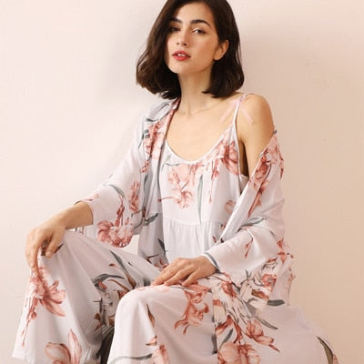 July's Song 3 Pcs Women Pajamas Set Viscose Floral Printed Female Pyjama Loose Sleepwear Nightwear Spring Summer Lounge Wear