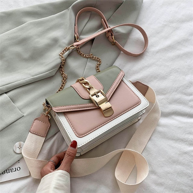 Fashion chain lady Sling bag Panelled color PU Leather Crossbody Bag For Women new Wide strap Shoulder Messenger Bag Ladies