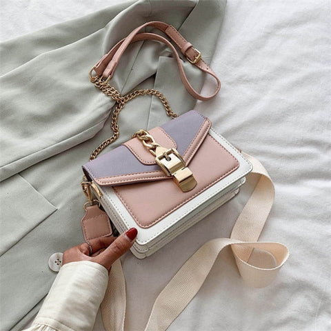 Fashion chain lady Sling bag Panelled color PU Leather Crossbody Bag For Women new Wide strap Shoulder Messenger Bag Ladies