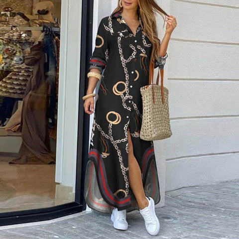 Fashion Women Long Sleeve Shirt Dress Autumn  Printed OL Long Dresses Laides Turn-down Collar Loose Sundress Party Dresses