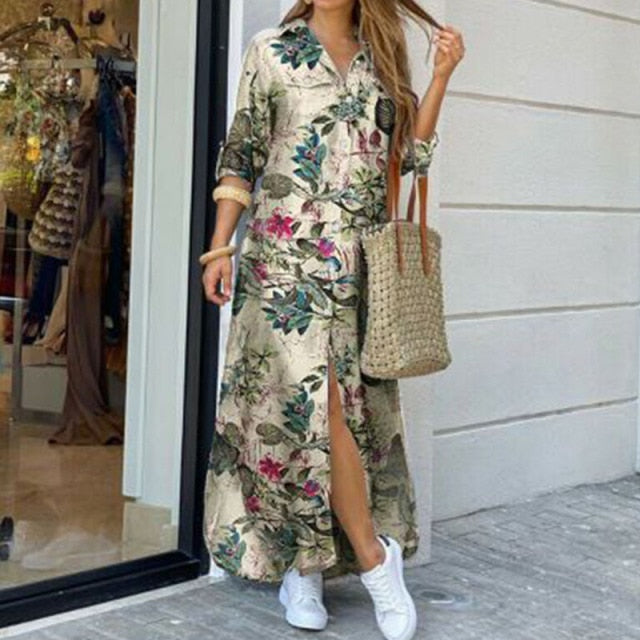 Fashion Women Long Sleeve Shirt Dress Autumn  Printed OL Long Dresses Laides Turn-down Collar Loose Sundress Party Dresses