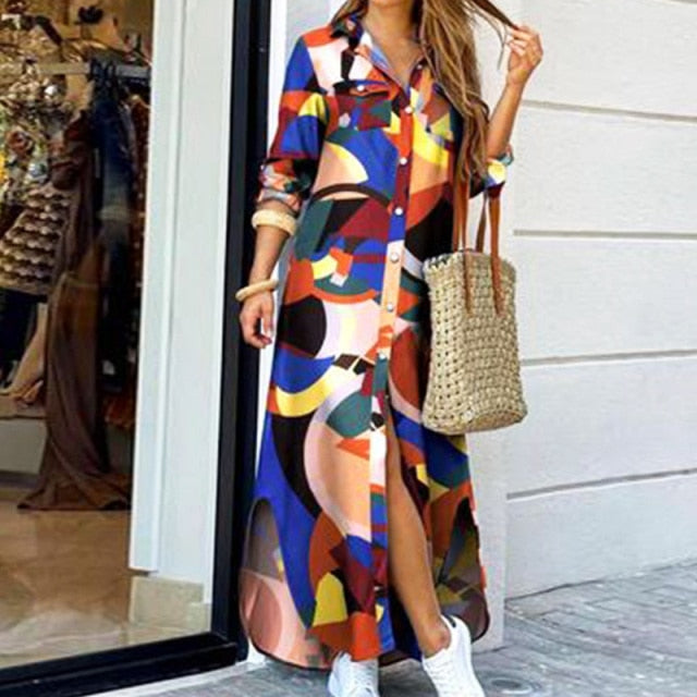 Fashion Women Long Sleeve Shirt Dress Autumn  Printed OL Long Dresses Laides Turn-down Collar Loose Sundress Party Dresses