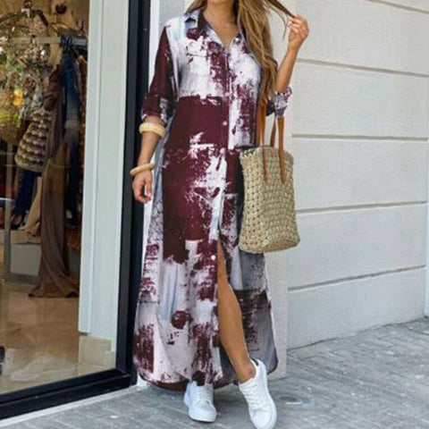 Fashion Women Long Sleeve Shirt Dress Autumn  Printed OL Long Dresses Laides Turn-down Collar Loose Sundress Party Dresses