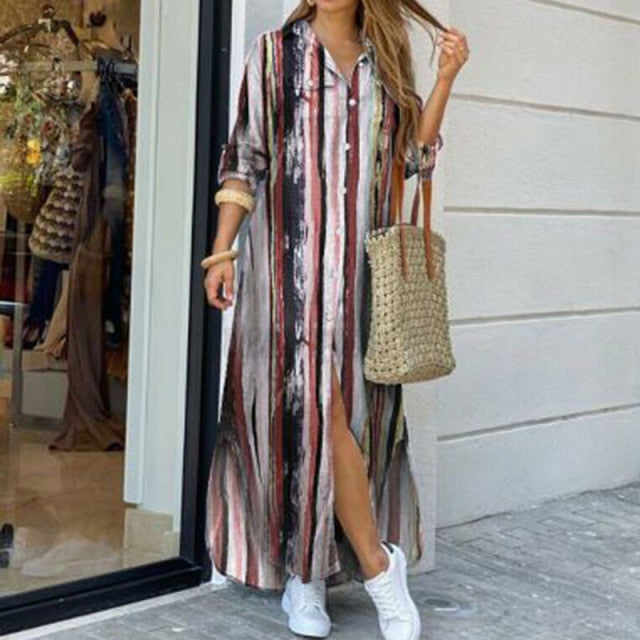 Fashion Women Long Sleeve Shirt Dress Autumn  Printed OL Long Dresses Laides Turn-down Collar Loose Sundress Party Dresses