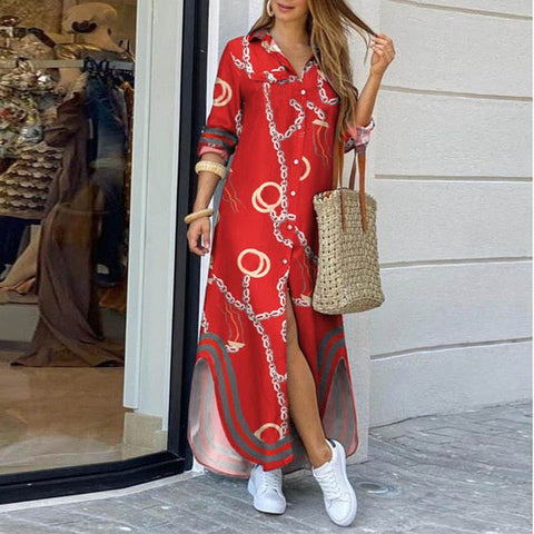 Fashion Women Long Sleeve Shirt Dress Autumn  Printed OL Long Dresses Laides Turn-down Collar Loose Sundress Party Dresses