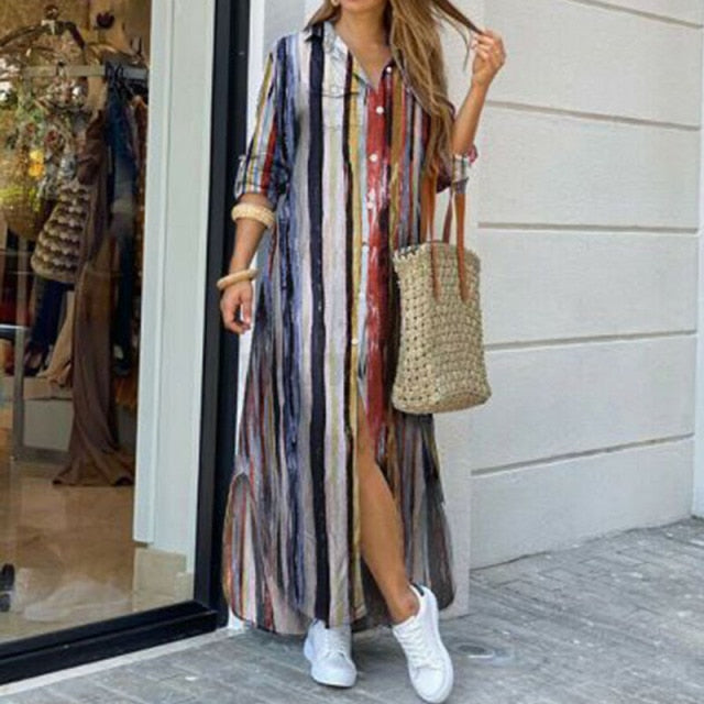 Fashion Women Long Sleeve Shirt Dress Autumn  Printed OL Long Dresses Laides Turn-down Collar Loose Sundress Party Dresses