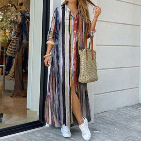 Fashion Women Long Sleeve Shirt Dress Autumn  Printed OL Long Dresses Laides Turn-down Collar Loose Sundress Party Dresses