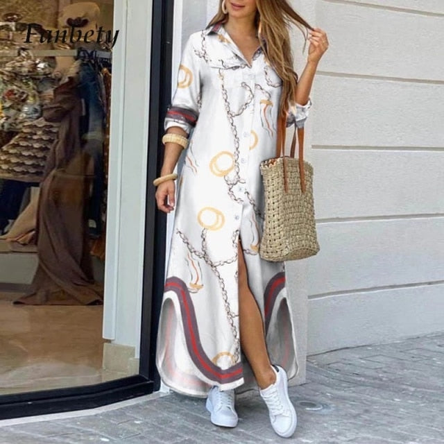 Fashion Women Long Sleeve Shirt Dress Autumn  Printed OL Long Dresses Laides Turn-down Collar Loose Sundress Party Dresses