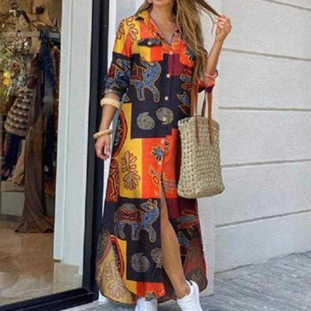 Fashion Women Long Sleeve Shirt Dress Autumn  Printed OL Long Dresses Laides Turn-down Collar Loose Sundress Party Dresses