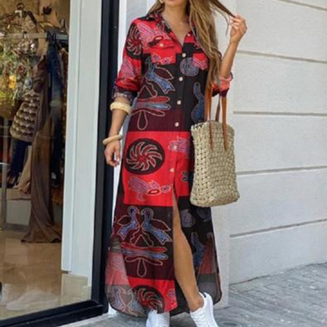 Fashion Women Long Sleeve Shirt Dress Autumn  Printed OL Long Dresses Laides Turn-down Collar Loose Sundress Party Dresses