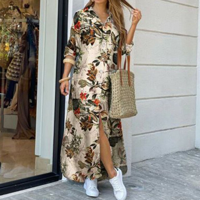 Fashion Women Long Sleeve Shirt Dress Autumn  Printed OL Long Dresses Laides Turn-down Collar Loose Sundress Party Dresses