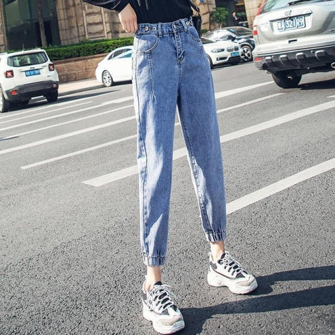 High waisted jeans women spring new loose tight fitting waist leggings feet thin nine points harem pants ins net red trend