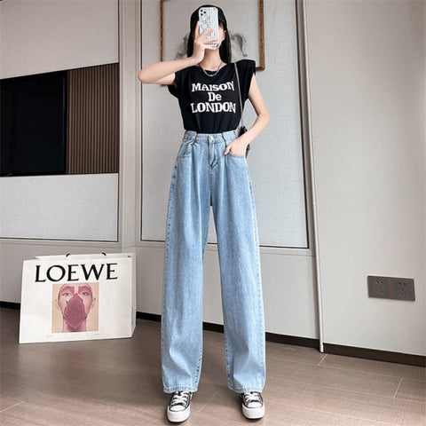 Spring White Plus Size High Waist Jeans Streetwear Wide Leg Pants Women's Fashion Trousers Full Length Loose Denim Pants