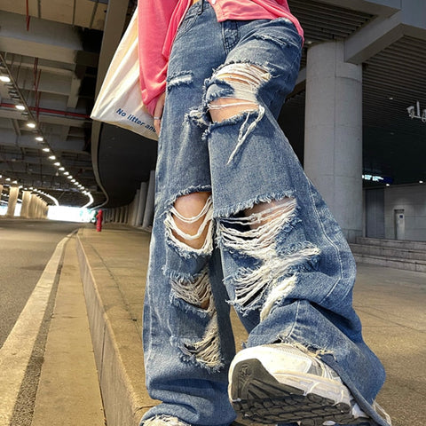 Spring And Autumn women's ripped jeans high waist loose straight pants wide leg pants women's jeans Y2K high street jeans